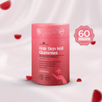 Pink container of Hair Skin Nail Gummies with red gummy bears on a light gray background