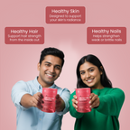 Two people holding AYU Hair–Skin–Nail Gummies with text about skincare, hair care, and nail care benefits on a pink background.
