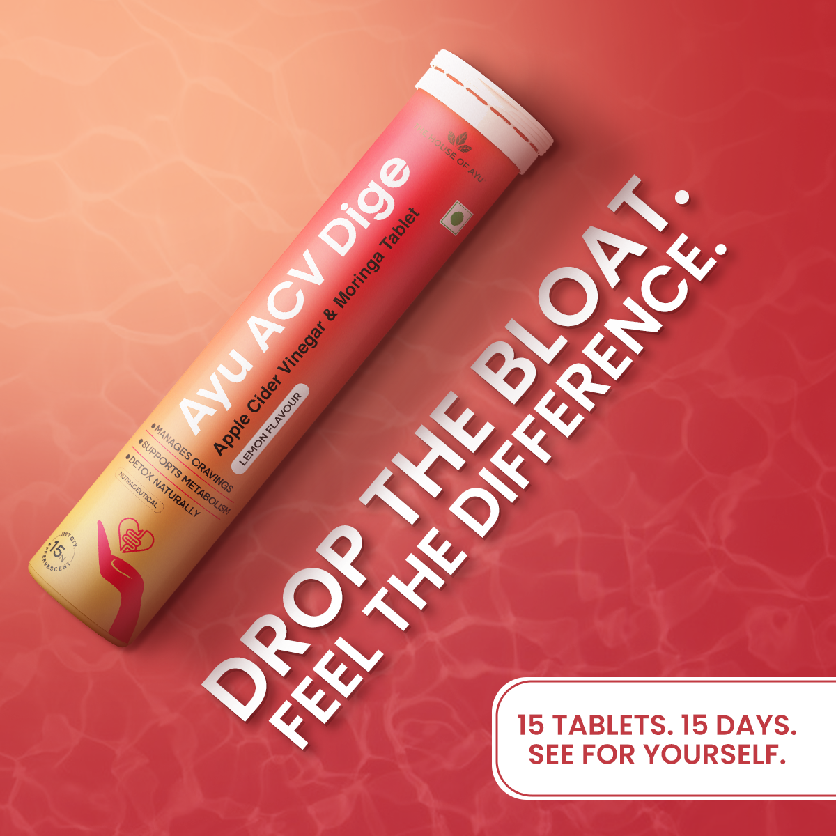 Ayu ACV Dige supplement  on a red background with promotional text.