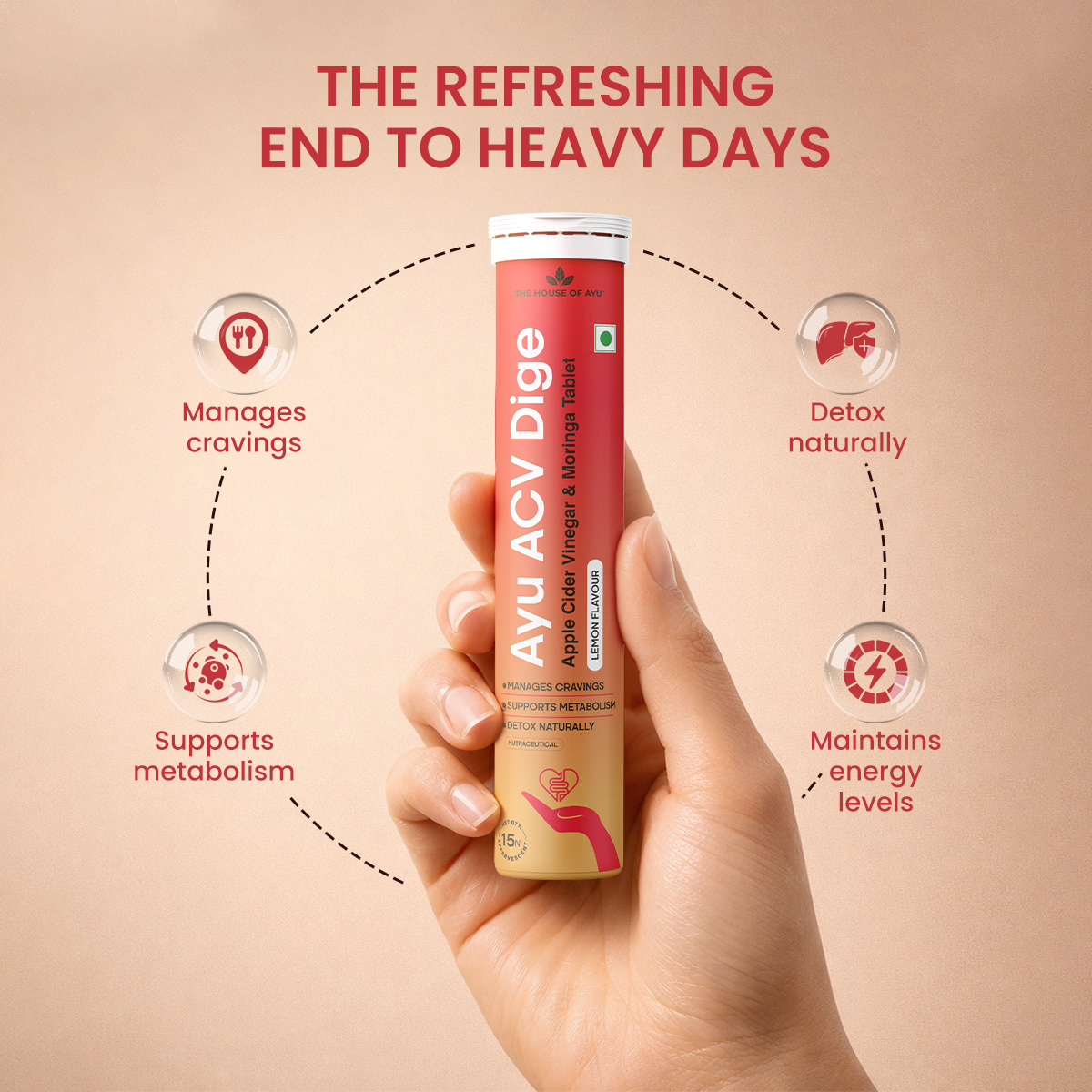 Hand holding a Ayu ACV Dige supplement tube with benefits listed on a beige background