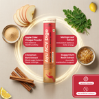 Ayu ACV Dige supplement with ingredients like apples, lemon, and spices on a light background