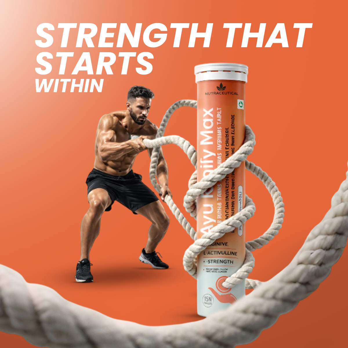 Man lifting weights with a Ayu DailyMax supplement on an orange background