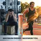 Man sitting with head in hands next to a container of Ayu Daily Max supplement, with another man running on a track in the background.