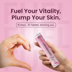 Hand holding a Ayu Daily Gluta Glow with text on a pink background