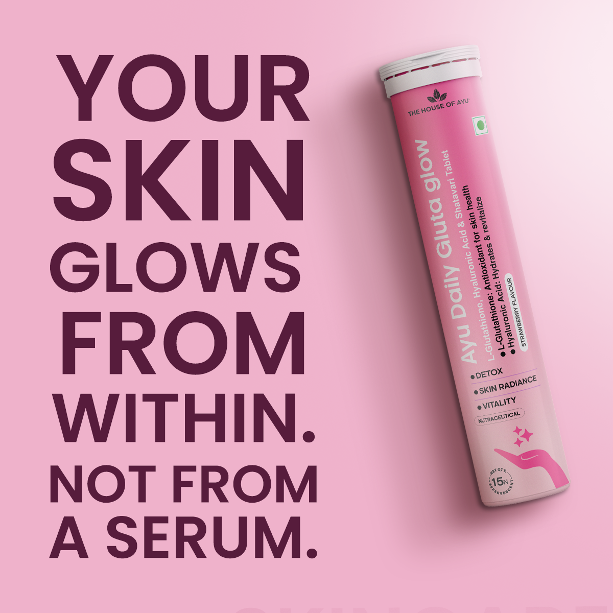 Ayu Daily Gluta Glow product with text on a pink background