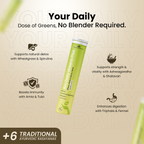 Green health supplement Ayu Daily Greens Plus tube with text on a beige background