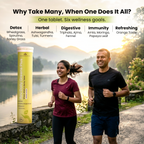 Two people running outdoors with a Ayu Daily Greens Plus supplement and scenic background