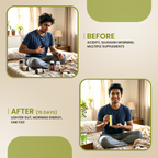 Before and after comparison of a man with acidity issues using Ayu Daily Greens Plus, now feeling better.