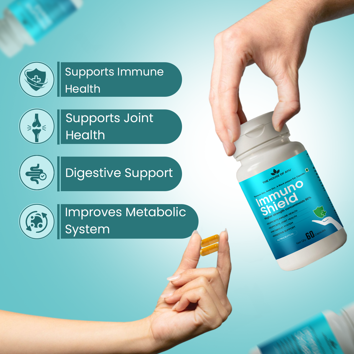 Vitamins bottle labeled 'Immuno Shield' held by a hand with product benefits listed on a light blue background.