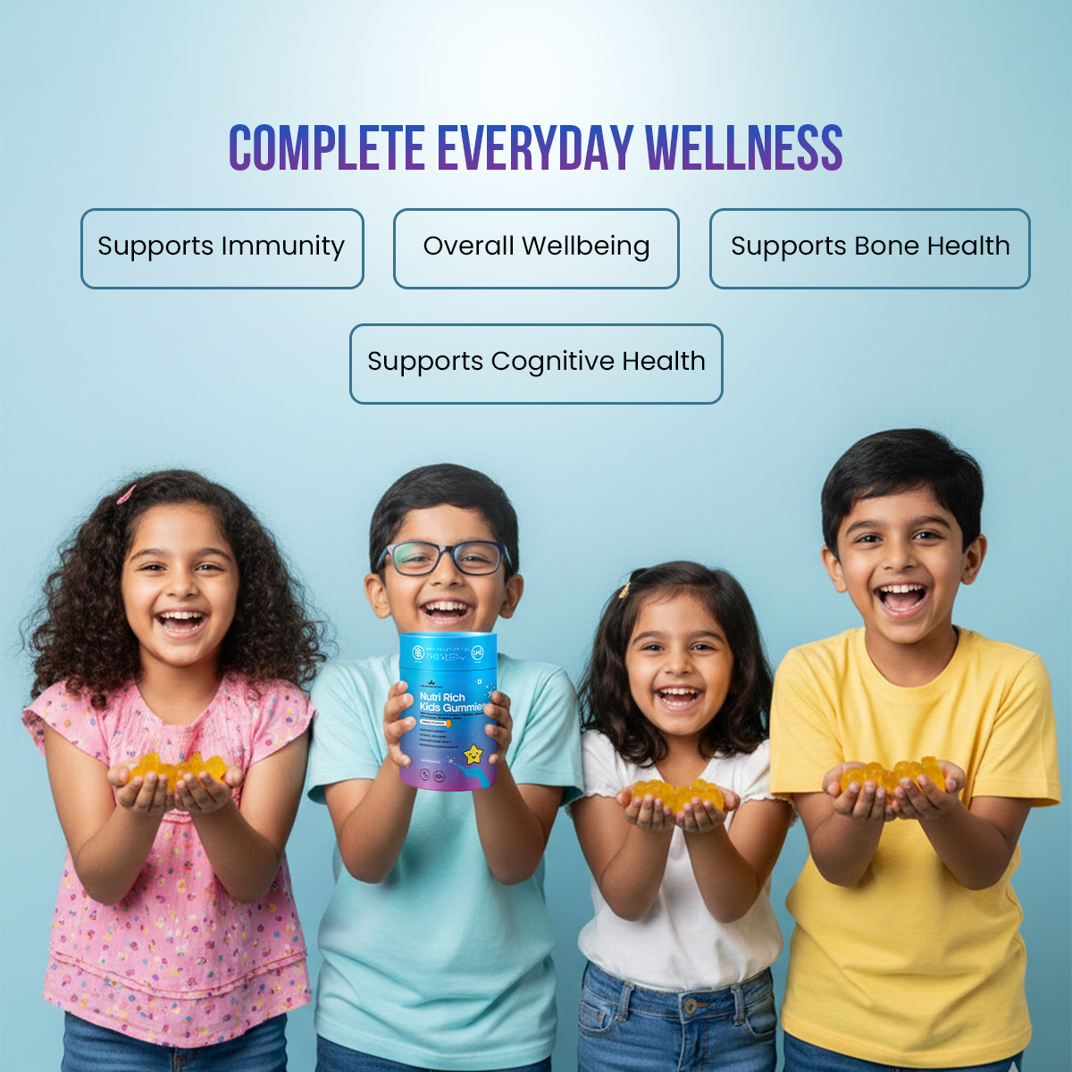 Four children holding a kids multivitamin gummies with text about everyday wellness on a light blue background
