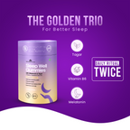 Sleep gummies container with 'The Golden Trio' text on a purple background