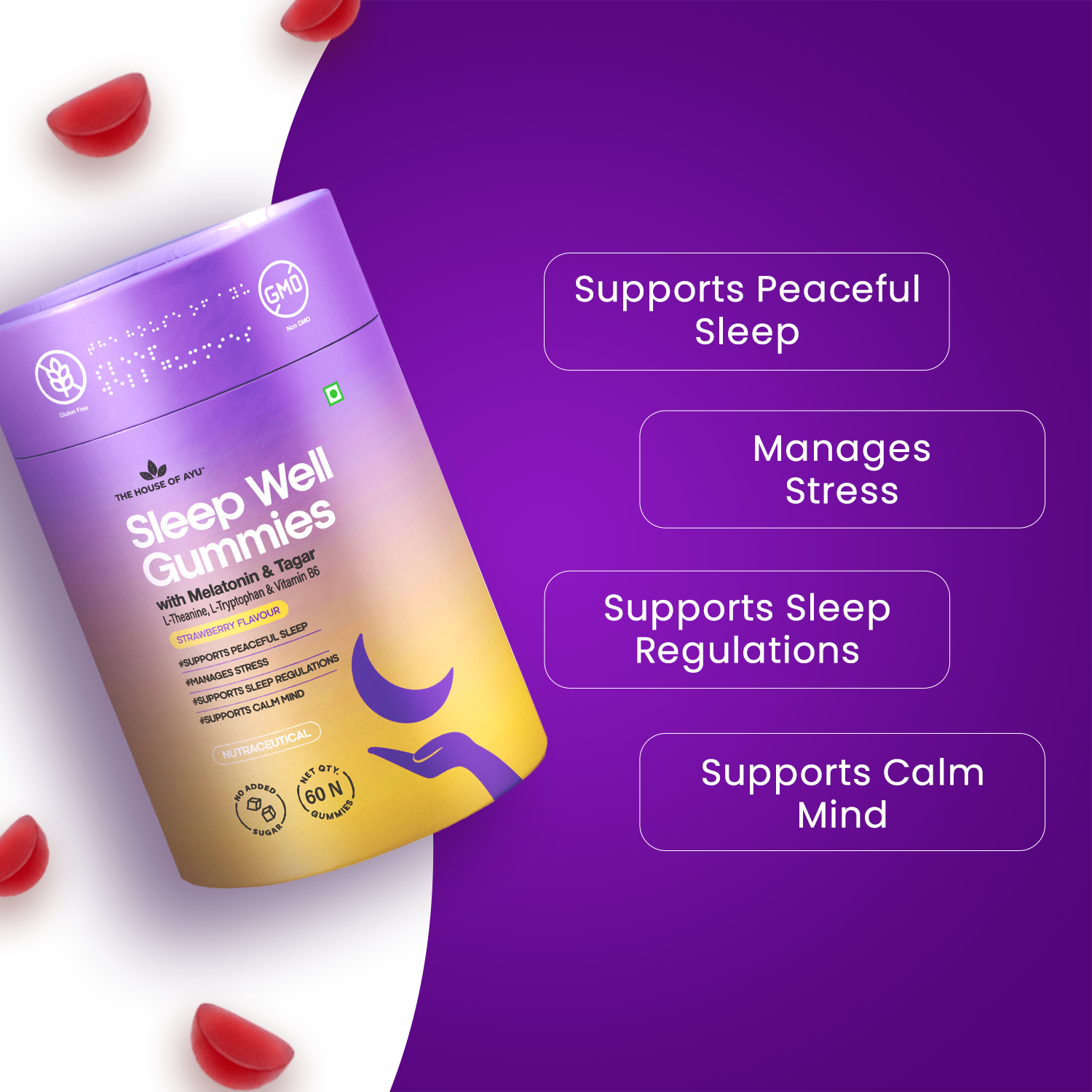 Sleep Well Gummies packaging with purple and yellow design on a white and purple background.