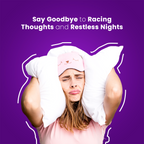 Person wearing a sleep mask and holding a pillow with text on a purple background