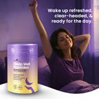 Woman waking up refreshed with a container of Sleep Well Gummies on a purple background