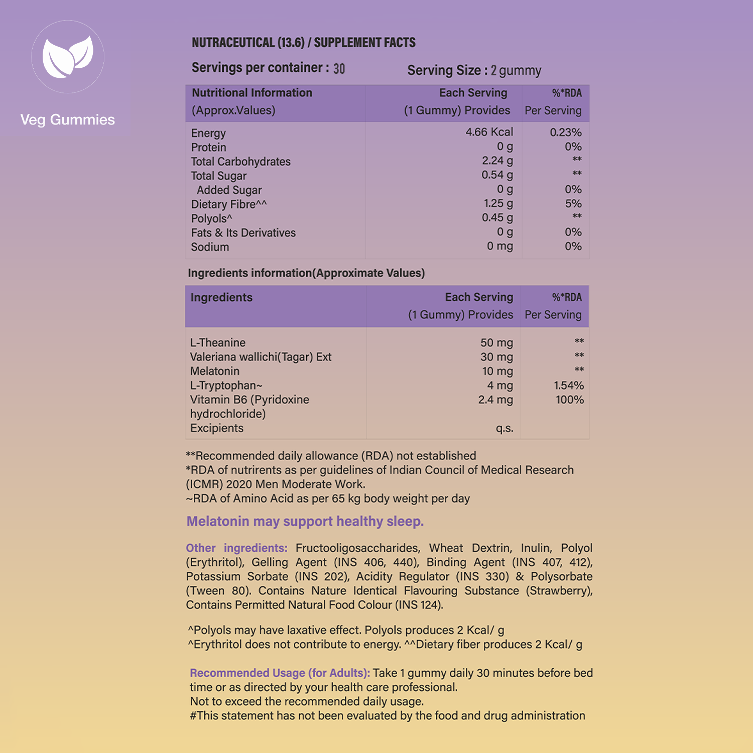 Nutritional facts and supplement information for Veg Gummies on a purple and beige background